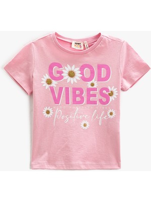 Koton Kısa Kollu Tişört Papatya Baskılı Bisiklet Yaka Simli