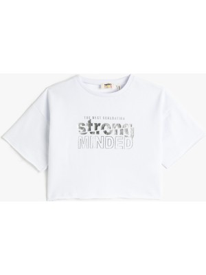 Koton Crop Oversize Tişört Baskılı Kısa Kollu Bisiklet Yaka Pamuklu