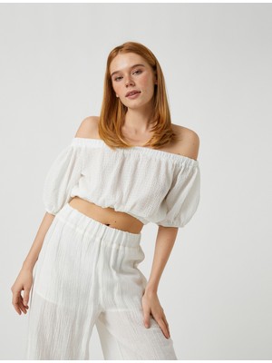 Koton Crop Bluz Omzu Açık Balon Kollu