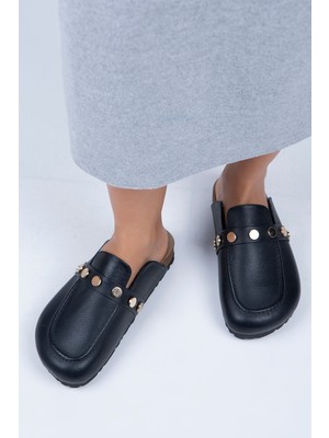 Manijero Bonita Kadın  Deri Zımbalı Siyah - Gold Terlik