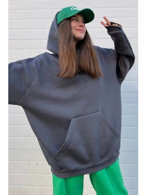 Madmext Füme Kapüşonlu Şardonlu Oversize Sweatshirt MG1566