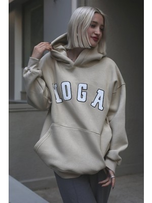 Madmext Bej Nakışlı Oversize Kapüşonlu Sweatshirt MG1580