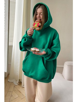 Madmext Yeşil Kapüşonlu Şardonlu Oversize Sweatshirt MG1566