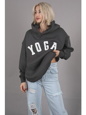 Madmext Füme Nakışlı Oversize Kapüşonlu Sweatshirt MG1580