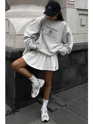 Madmext Karmelanj Bisiklet Yaka Baskılı Oversize Kadın Sweatshirt MG1577