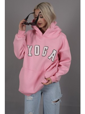 Madmext Pembe Nakışlı Oversize Kapüşonlu Sweatshirt MG1580