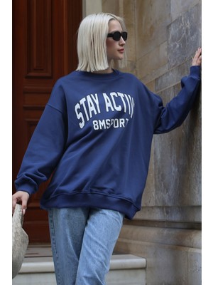 Madmext Indigo Baskılı Oversize Kadın Sweatshirt MG1564