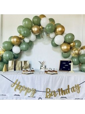Happy Bırthday Kaligrafi Yazı- Küf Yeşili Balon Konseptli Doğum Günü Parti Seti