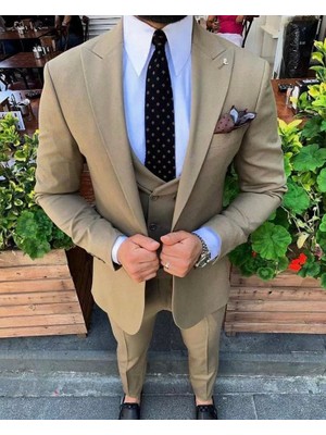 GlbFC Plus Erkek Dar Kesim Yelekli Takım Elbise - Camel