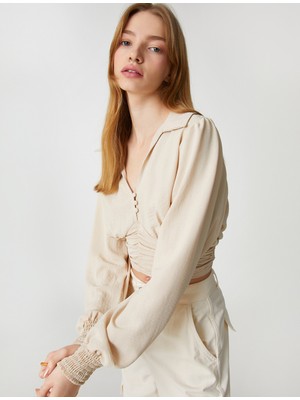 Koton Crop Bluz Balon Kollu Gipeli Gömlek Yaka Düğmeli