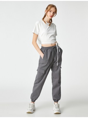 Koton Crop Tişört Bisiklet Yaka Kısa Kollu Belden Bağlamalı