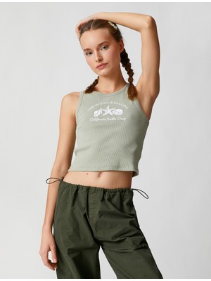 Koton Crop Fitilli Atlet Baskılı Bisiklet Yaka Kolsuz