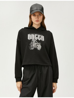 Koton Crop Sweatshirt Kapüşonlu Baskılı