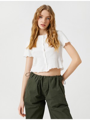 Koton Crop Tişört Kısa Kollu Pamuklu Düğmeli Bisiklet Yaka