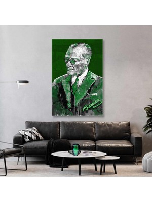 SML Tablo Mustafa Kemal Atatürk Imzası Yeşil ve Beyaz Kanvas Tablo