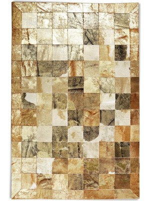 Dericibey Yeşil & Sarı Gold Varaklı Dana Derisi Patchwork Halı 80 x 150 cm