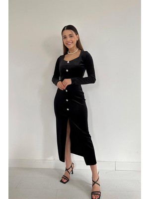 Elbee Fashion Woman Düğme Detaylı Kadife Elbise - Siyah