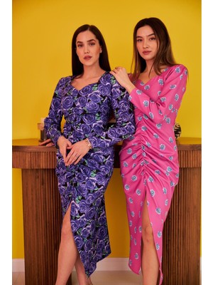 Elbee Fashion Woman Desenli ve Büzgülü Elbise - Fuşya