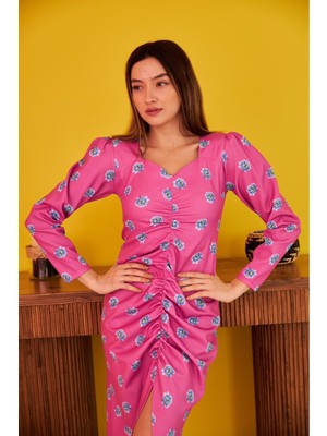 Elbee Fashion Woman Desenli ve Büzgülü Elbise - Fuşya