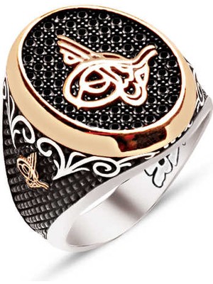 Amberkan Gümüş Siyah Zirkon Üzeri Osmanlı Tuğrası Yanları Tuğra Işlemeli Erkek Yüzük