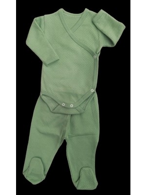 Özdemirli Bebe 2 Li Takım Uzun Kollu Kendinden Eldiven Çıtçıtlı Kruvaze Badi ve Patikli Alt Küf Yeşili Renk