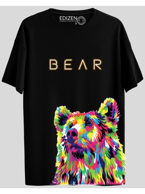 Edizen Ultra Premium Çift Bear Baskılı Pamuk Oversize Siyah T-Shirt