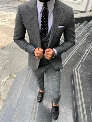 GlbFC Plus Erkek Dar Kesim Kendinden Desenli Yelekli Takım Elbise-Gri