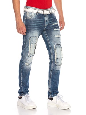 Cipo & Baxx CD611 Cep Detaylı Yamalı Yırtık Erkek Mavi Jeans Pantolon