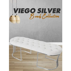 Gazzini Furniture Viego Silver Puf Lüks Metal Gümüş Ayak, Chester Model Yatak Ucu Beyaz Bench