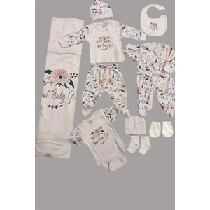 Aziz Bebe Kız Bebek Çiçek Desenli 10'lu Hastane Çıkışı Seti 010271 Krem