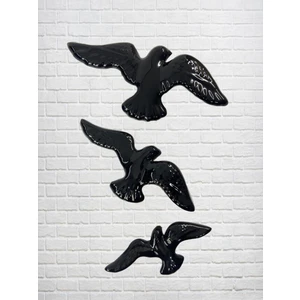 Artistic Quality Dekoratif Bahçe Balkon Ev İçi Duvar Süsü 3'lü Parlak Siyah Kuş