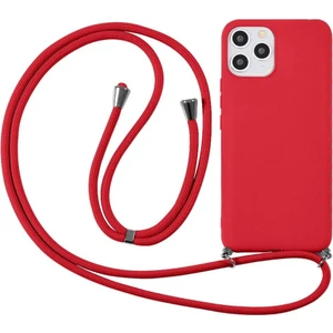 iPhone 14 Plus ile Uyumlu Ipli Boyun Askılı Silikon Kılıf Kadife Iç Yüzeyli Epiphany Kılıf Kırmızı