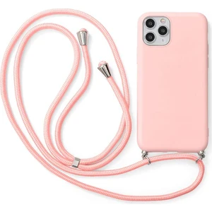 iPhone 12 Pro Max ile Uyumlu Ipli Boyun Askılı Silikon Kılıf Kadife Iç Yüzeyli Epiphany Kılıf Pembe
