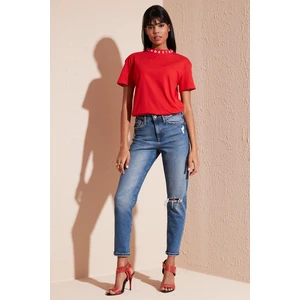 Yakası Baskılı Bisiklet Yaka Basic Örme T Shirt Bayan T Shirt 5864054