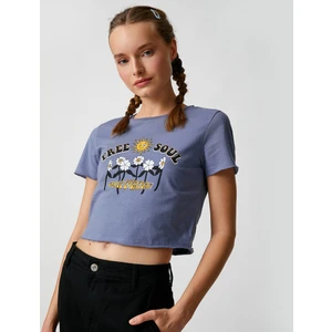 Crop Tişört Baskılı Bisiklet Yaka Kısa Kollu