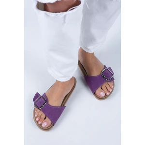 Jade Kadın  Deri Tek Tokalı Mor Süet - Gümüş Terlik
