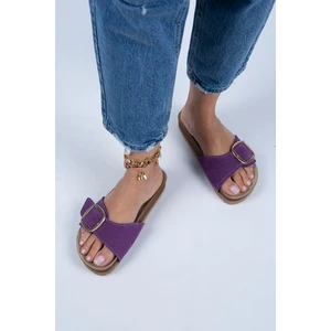 Jade Kadın  Deri Tek Tokalı Mor Süet - Gold Terlik