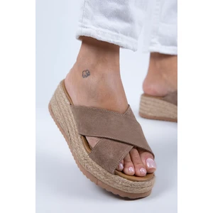 Tegan Kadın  Deri Çift Bant Çapraz Terlik Vizon Süet Terlik