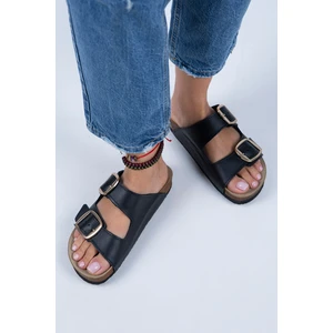 Irene Kadın  Deri Çift Tokalı Siyah Deri - Gold Terlik