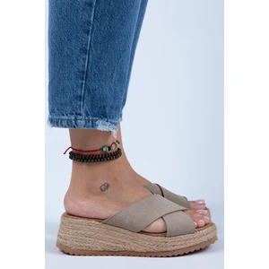 Tegan Kadın  Deri Çift Bant Çapraz Terlik Bej Süet Terlik