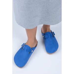 Zeta Kadın  Deri Kemerli Tokalı Mavi - Gold Terlik