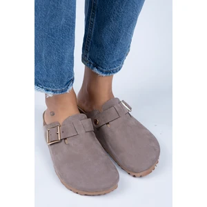 Zeta Kadın  Deri Kemerli Tokalı Vizon - Gold Terlik