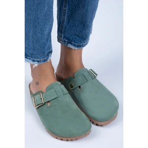 Zeta Kadın  Deri Kemerli Tokalı Yeşil - Gold Terlik