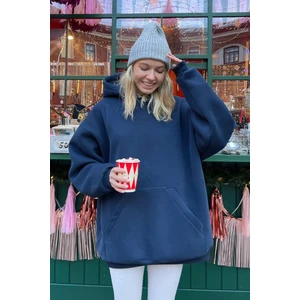 Lacivert Kapüşonlu Şardonlu Oversize Sweatshirt MG1566