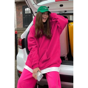 Fuşya Kapüşonlu Şardonlu Oversize Sweatshirt MG1566