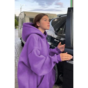 Mor Kapüşonlu Oversize Şardonlu Sweatshirt MG1566