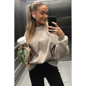 Kadın Sweatshirt Bej Renk Uzun Kol Dik Yaka Günlük Kullanım İçin