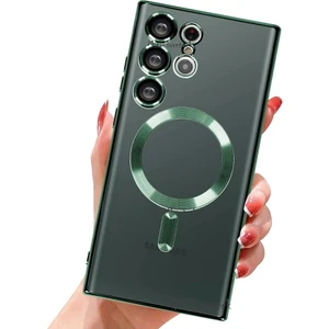 M.TK Moveteck S23 Ultra 5g 6.8 Inc Uyumlu Kılıf Kamera Korumalı Parlak Kenarlı Renkli Magsafe Şarj Wirelles Destekli Silikon Krom Boyalı Crystal Clear Sararma Yapmaz Zırh Tank Military