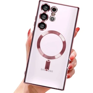 M.TK Moveteck S23 Ultra 5g 6.8 Inc Uyumlu Kılıf Kamera Korumalı Parlak Kenarlı Renkli Magsafe Şarj Wirelles Destekli Silikon Krom Boyalı Crystal Clear Sararma Yapmaz Zırh Tank Military