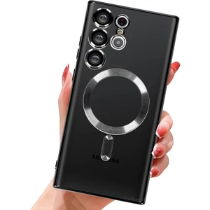 M.TK Moveteck S23 Ultra 5g 6.8 Inc Uyumlu Kılıf Kamera Korumalı Parlak Kenarlı Renkli Magsafe Şarj Wirelles Destekli Silikon Krom Boyalı Crystal Clear Sararma Yapmaz Zırh Tank Military